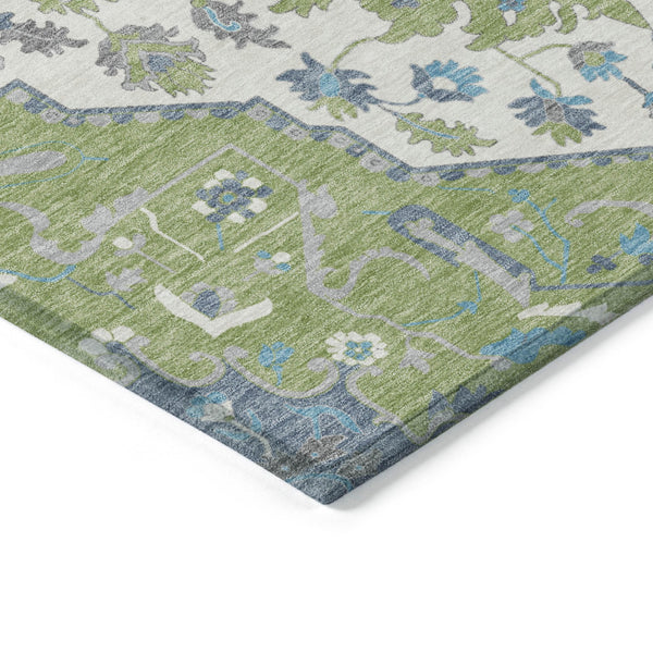 Homeroots 3' Artichoke Green Blue And Ivory Oriental Washable Area Rug For Indoor Or Outdoor Use, Durable Design 10' X 14' Polyester 596607