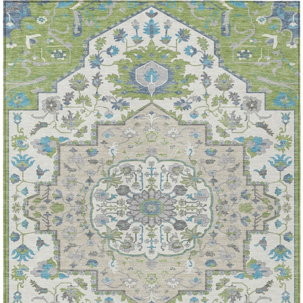 Homeroots 3' Artichoke Green Blue And Ivory Oriental Washable Area Rug For Indoor Or Outdoor Use, Durable Design 10' X 14' Polyester 596607