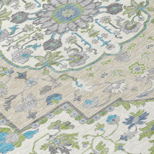 Homeroots 3' Artichoke Green Blue And Ivory Oriental Washable Area Rug For Indoor Or Outdoor Use, Durable Design 10' X 14' Polyester 596607