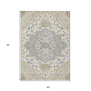 Homeroots 3' Artichoke Green Blue And Ivory Oriental Washable Area Rug For Indoor Or Outdoor Use, Durable Design 5' X 8' Polyester 596609