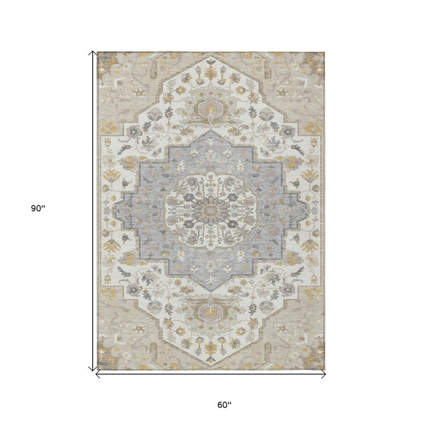 Homeroots 3' Artichoke Green Blue And Ivory Oriental Washable Area Rug For Indoor Or Outdoor Use, Durable Design 5' X 8' Polyester 596609