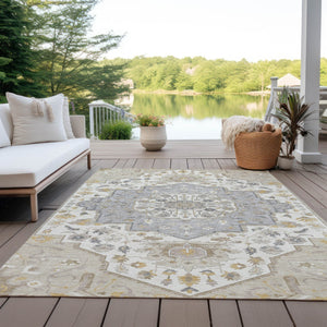 Homeroots 3' Artichoke Green Blue And Ivory Oriental Washable Area Rug For Indoor Or Outdoor Use, Durable Design 5' X 8' Polyester 596609