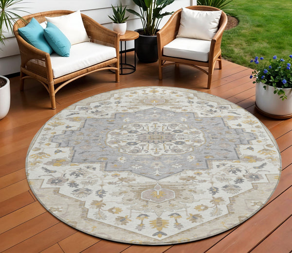 Homeroots 3' Artichoke Green Blue And Ivory Oriental Washable Area Rug For Indoor Or Outdoor Use, Durable Design 8' Round Polyester 596610