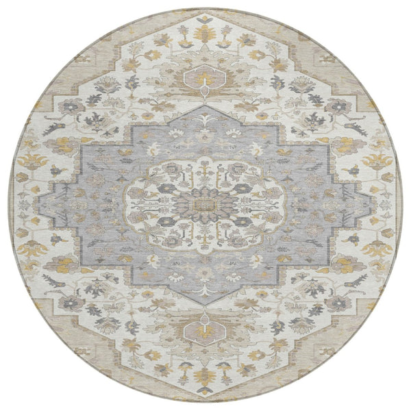 HomeRoots 5' Enhance Your Space with a Beige Ivory and Gray Oriental Washable Area Rug for Indoor/Outdoor Use 8' Round 596610