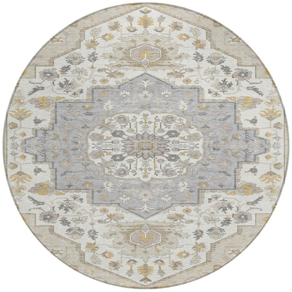 Homeroots 3' Artichoke Green Blue And Ivory Oriental Washable Area Rug For Indoor Or Outdoor Use, Durable Design 8' Round Polyester 596610