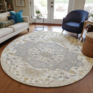 Homeroots 3' Artichoke Green Blue And Ivory Oriental Washable Area Rug For Indoor Or Outdoor Use, Durable Design 8' Round Polyester 596610