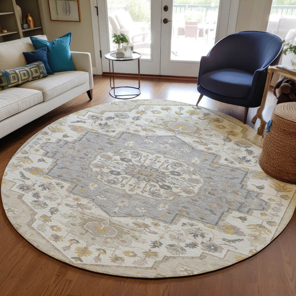 Homeroots 3' Artichoke Green Blue And Ivory Oriental Washable Area Rug For Indoor Or Outdoor Use, Durable Design 8' Round Polyester 596610