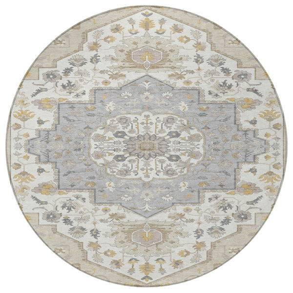 Homeroots 3' Artichoke Green Blue And Ivory Oriental Washable Area Rug For Indoor Or Outdoor Use, Durable Design 8' Round Polyester 596610