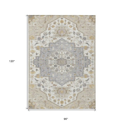Homeroots 3' Artichoke Green Blue And Ivory Oriental Washable Area Rug For Indoor Or Outdoor Use, Durable Design 8' X 10' Polyester 596611