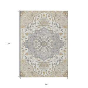 Homeroots 3' Artichoke Green Blue And Ivory Oriental Washable Area Rug For Indoor Or Outdoor Use, Durable Design 8' X 10' Polyester 596611