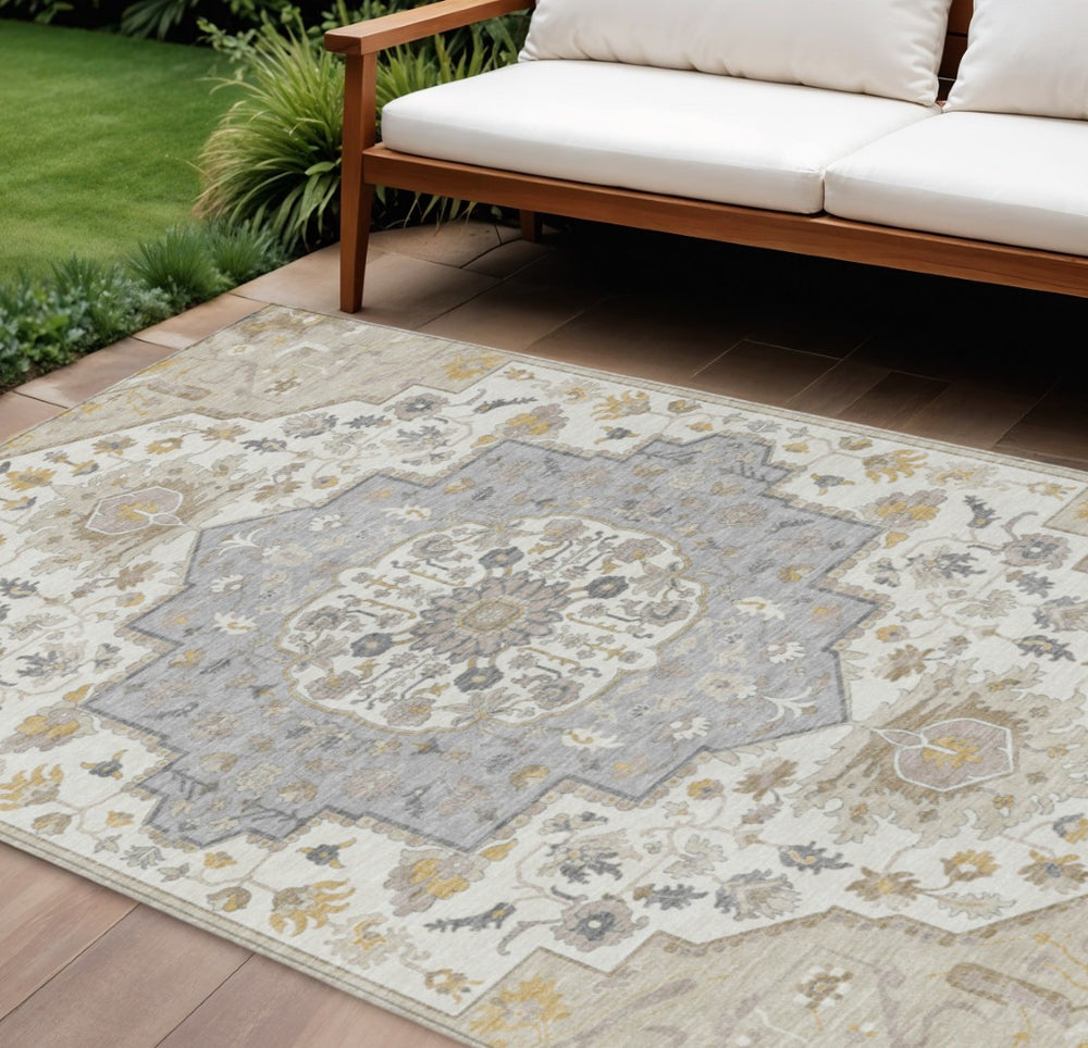HomeRoots 9' X 12' Elegant Beige Ivory Gray Washable Oriental Area Rug for Indoor & Outdoor Spaces 596612