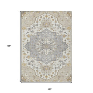 Homeroots 3' Artichoke Green Blue And Ivory Oriental Washable Area Rug For Indoor Or Outdoor Use, Durable Design 10' X 14' Polyester 596613