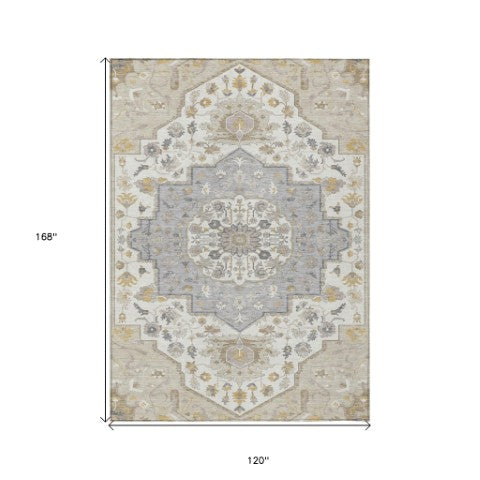 Homeroots 3' Artichoke Green Blue And Ivory Oriental Washable Area Rug For Indoor Or Outdoor Use, Durable Design 10' X 14' Polyester 596613