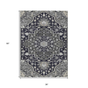 Homeroots 3' Artichoke Green Blue And Ivory Oriental Washable Area Rug For Indoor Or Outdoor Use, Durable Design 3' X 5' Polyester 596614