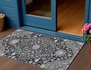 Homeroots 3' Artichoke Green Blue And Ivory Oriental Washable Area Rug For Indoor Or Outdoor Use, Durable Design 3' X 5' Polyester 596614