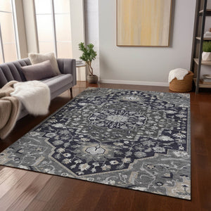 Homeroots 3' Artichoke Green Blue And Ivory Oriental Washable Area Rug For Indoor Or Outdoor Use, Durable Design 3' X 5' Polyester 596614