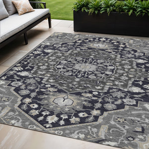 Homeroots 3' Artichoke Green Blue And Ivory Oriental Washable Area Rug For Indoor Or Outdoor Use, Durable Design 5' X 8' Polyester 596615