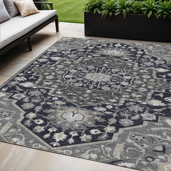 Homeroots 3' Artichoke Green Blue And Ivory Oriental Washable Area Rug For Indoor Or Outdoor Use, Durable Design 5' X 8' Polyester 596615