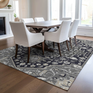 Homeroots 3' Artichoke Green Blue And Ivory Oriental Washable Area Rug For Indoor Or Outdoor Use, Durable Design 5' X 8' Polyester 596615