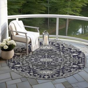 Homeroots 3' Artichoke Green Blue And Ivory Oriental Washable Area Rug For Indoor Or Outdoor Use, Durable Design 8' Round Polyester 596616
