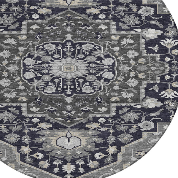 Homeroots 3' Artichoke Green Blue And Ivory Oriental Washable Area Rug For Indoor Or Outdoor Use, Durable Design 8' Round Polyester 596616
