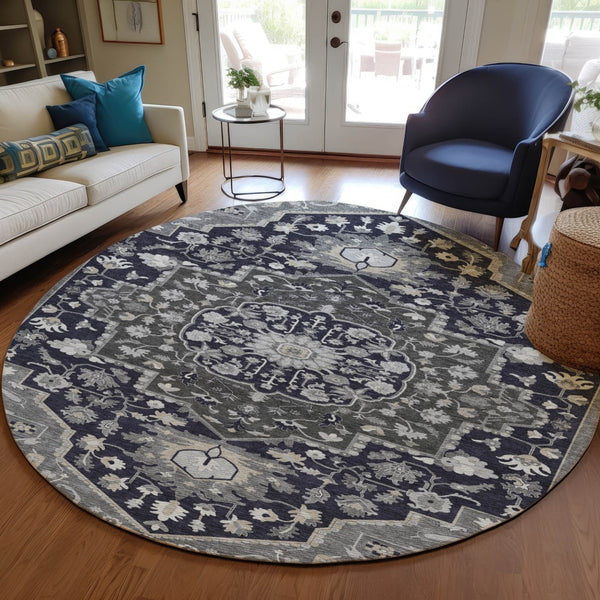 Homeroots 3' Artichoke Green Blue And Ivory Oriental Washable Area Rug For Indoor Or Outdoor Use, Durable Design 8' Round Polyester 596616
