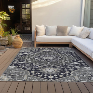Homeroots 3' Artichoke Green Blue And Ivory Oriental Washable Area Rug For Indoor Or Outdoor Use, Durable Design 8' X 10' Polyester 596617