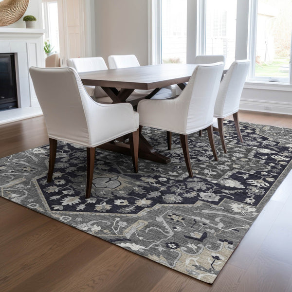 Homeroots 3' Artichoke Green Blue And Ivory Oriental Washable Area Rug For Indoor Or Outdoor Use, Durable Design 8' X 10' Polyester 596617