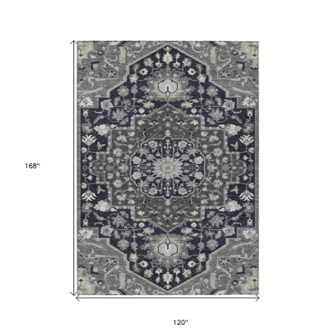 Homeroots 3' Artichoke Green Blue And Ivory Oriental Washable Area Rug For Indoor Or Outdoor Use, Durable Design 10' X 14' Polyester 596619