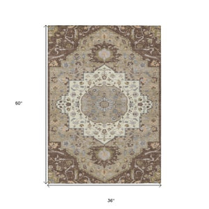 Homeroots 3' Artichoke Green Blue And Ivory Oriental Washable Area Rug For Indoor Or Outdoor Use, Durable Design 3' X 5' Polyester 596620