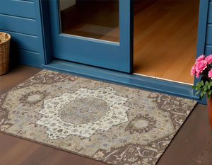 Homeroots 3' Artichoke Green Blue And Ivory Oriental Washable Area Rug For Indoor Or Outdoor Use, Durable Design 3' X 5' Polyester 596620