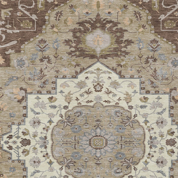 Homeroots 3' Artichoke Green Blue And Ivory Oriental Washable Area Rug For Indoor Or Outdoor Use, Durable Design 3' X 5' Polyester 596620