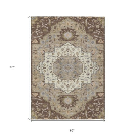 Homeroots 3' Artichoke Green Blue And Ivory Oriental Washable Area Rug For Indoor Or Outdoor Use, Durable Design 5' X 8' Polyester 596621