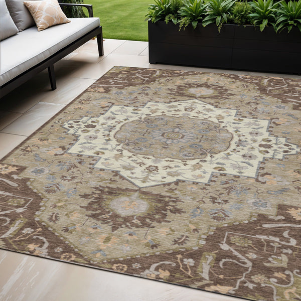 Homeroots 3' Artichoke Green Blue And Ivory Oriental Washable Area Rug For Indoor Or Outdoor Use, Durable Design 5' X 8' Polyester 596621