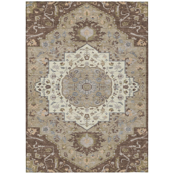 HomeRoots 5' Elegant Chocolate Beige and Gray Oriental Washable Area Rug for Indoor and Outdoor Spaces 5' X 8' 596621