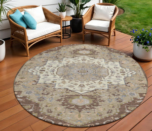 Homeroots 3' Artichoke Green Blue And Ivory Oriental Washable Area Rug For Indoor Or Outdoor Use, Durable Design 8' Round Polyester 596622