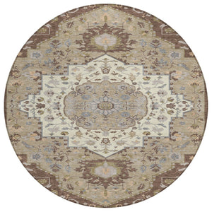 HomeRoots 5' Elegant Chocolate Beige and Gray Oriental Washable Area Rug for Indoor and Outdoor Spaces 8' Round 596622