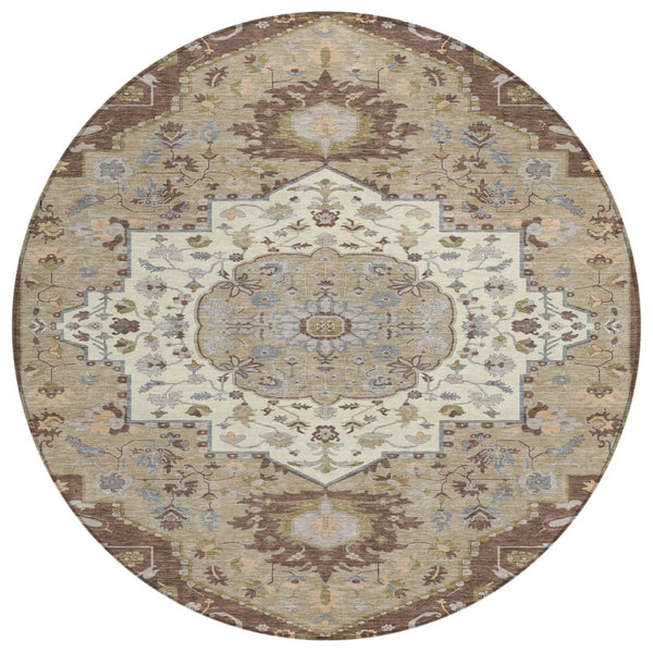 HomeRoots 5' Elegant Chocolate Beige and Gray Oriental Washable Area Rug for Indoor and Outdoor Spaces 8' Round 596622