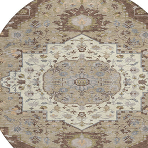 Homeroots 3' Artichoke Green Blue And Ivory Oriental Washable Area Rug For Indoor Or Outdoor Use, Durable Design 8' Round Polyester 596622