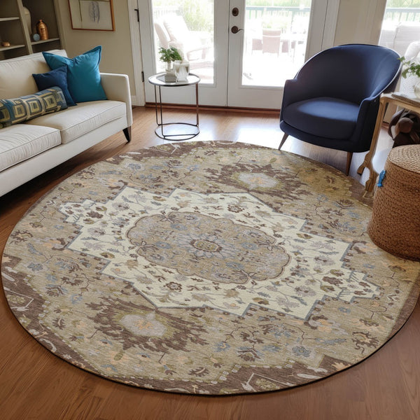 Homeroots 3' Artichoke Green Blue And Ivory Oriental Washable Area Rug For Indoor Or Outdoor Use, Durable Design 8' Round Polyester 596622