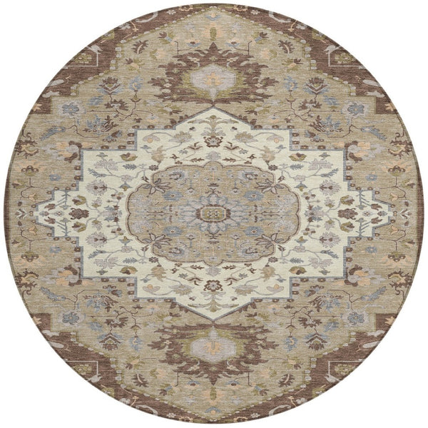 Homeroots 3' Artichoke Green Blue And Ivory Oriental Washable Area Rug For Indoor Or Outdoor Use, Durable Design 8' Round Polyester 596622