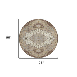 Homeroots 3' Artichoke Green Blue And Ivory Oriental Washable Area Rug For Indoor Or Outdoor Use, Durable Design 8' Round Polyester 596622