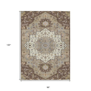 Homeroots 3' Artichoke Green Blue And Ivory Oriental Washable Area Rug For Indoor Or Outdoor Use, Durable Design 8' X 10' Polyester 596623