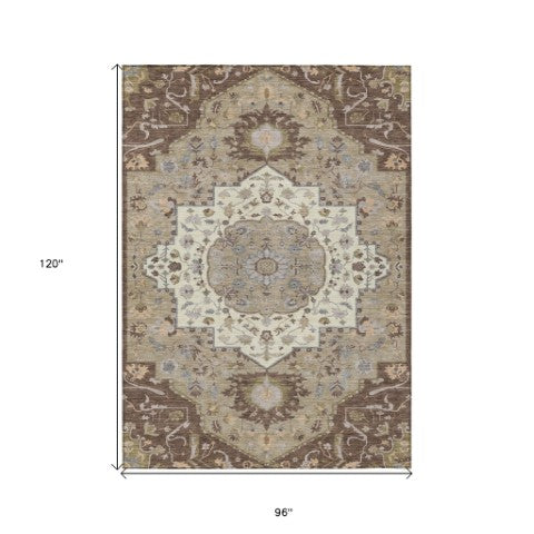 Homeroots 3' Artichoke Green Blue And Ivory Oriental Washable Area Rug For Indoor Or Outdoor Use, Durable Design 8' X 10' Polyester 596623