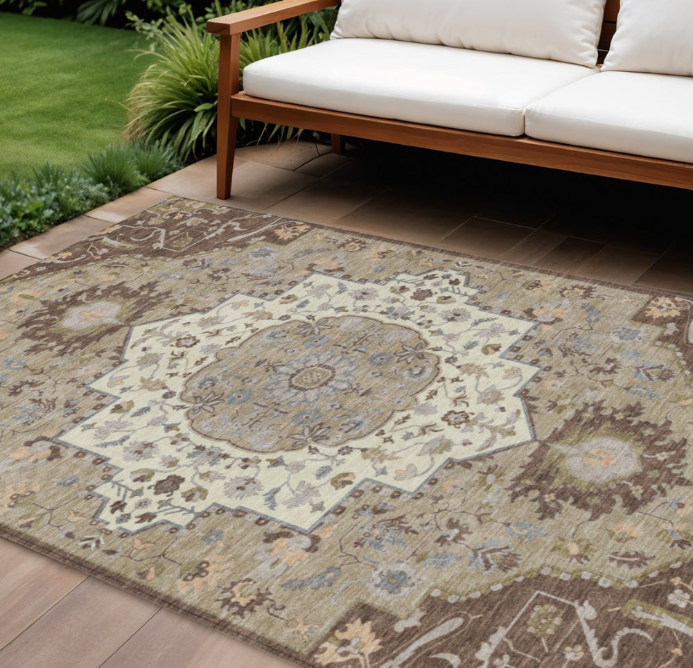 HomeRoots 5' Elegant Chocolate Beige and Gray Oriental Washable Area Rug for Indoor and Outdoor Spaces 8' X 10' 596623
