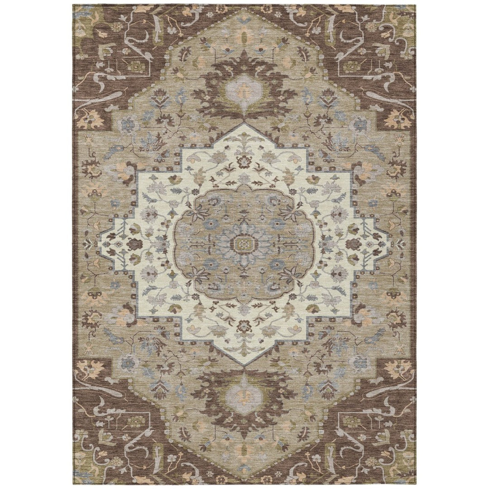 HomeRoots 5' Elegant Chocolate Beige and Gray Oriental Washable Area Rug for Indoor and Outdoor Spaces 8' X 10' 596623