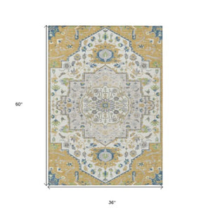 Homeroots 3' Artichoke Green Blue And Ivory Oriental Washable Area Rug For Indoor Or Outdoor Use, Durable Design 3' X 5' Polyester 596626