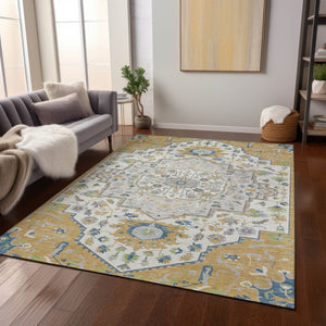 Homeroots 3' Artichoke Green Blue And Ivory Oriental Washable Area Rug For Indoor Or Outdoor Use, Durable Design 3' X 5' Polyester 596626