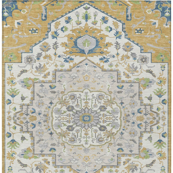 Homeroots 3' Artichoke Green Blue And Ivory Oriental Washable Area Rug For Indoor Or Outdoor Use, Durable Design 5' X 8' Polyester 596627