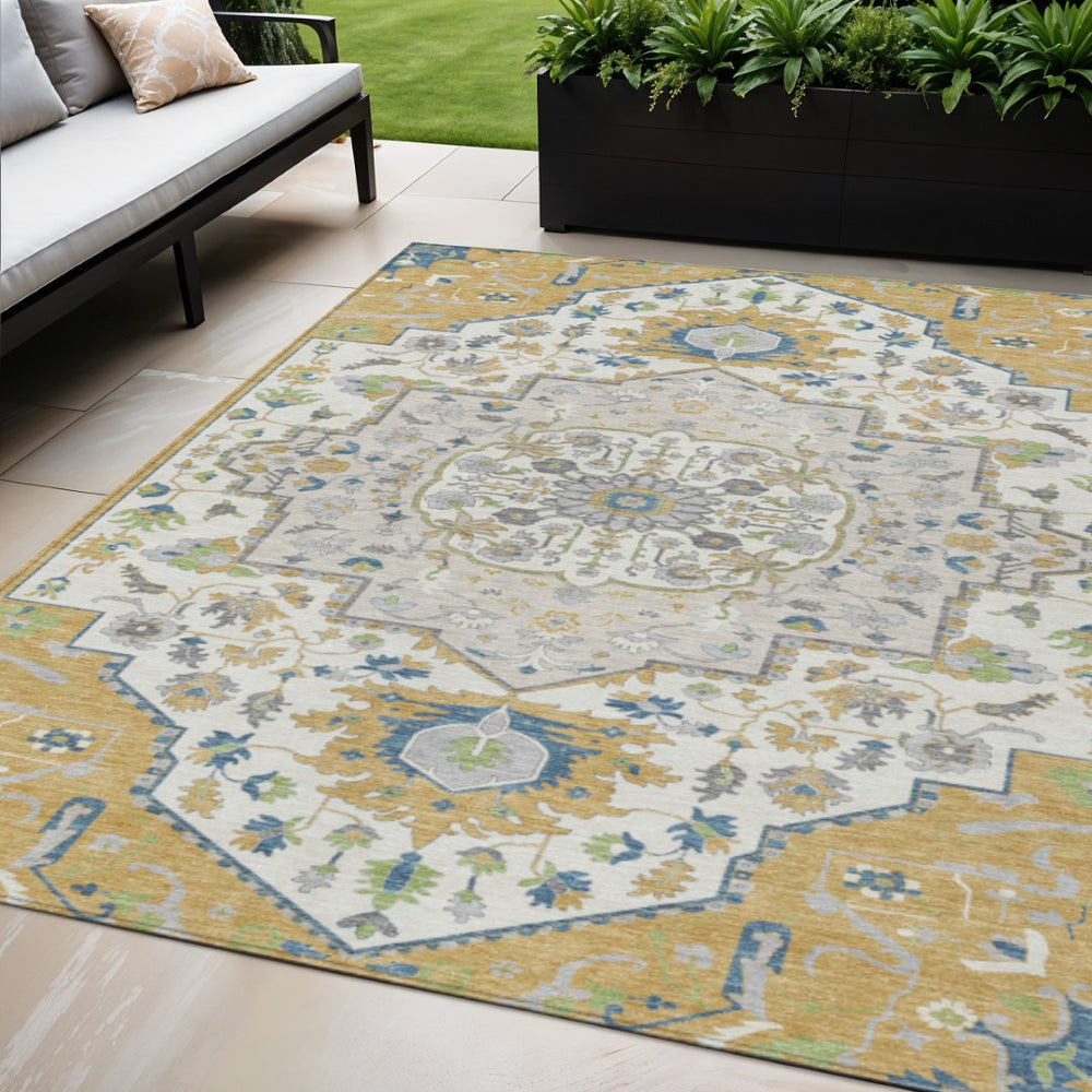 HomeRoots 5' Elegant Gold, Ivory & Blue Oriental Rug - Versatile Indoor/Outdoor Area Rug for Easy Care & Style 5' X 8' 596627
